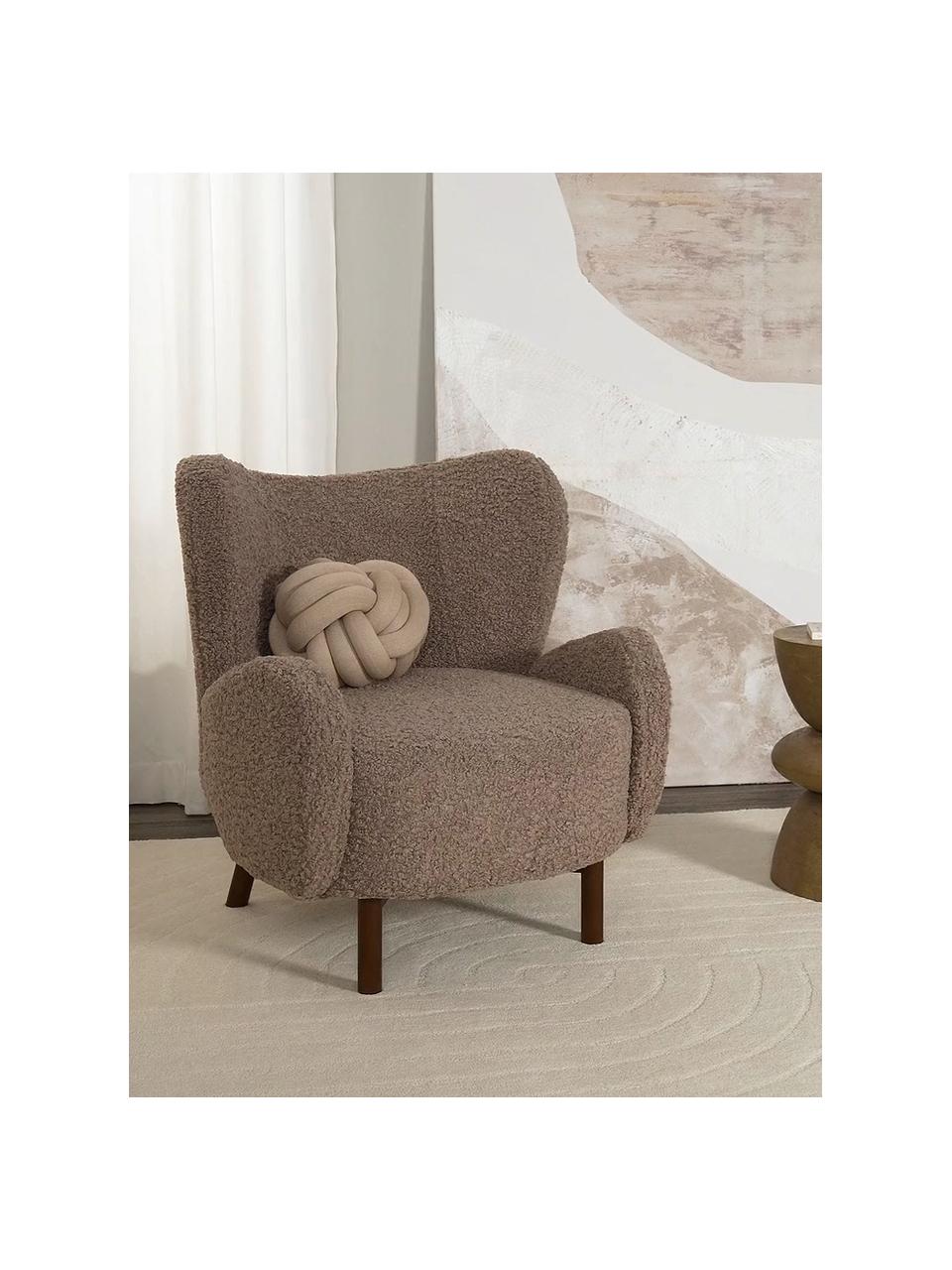 Teddy-Ohrensessel Kalia, Bezug: Teddyfell (100 % Polyeste, Beine: Buchenholz, Gestell: Metall, Teddy Taupe, Dunkles Buchenholz, B 78 x T 80 cm