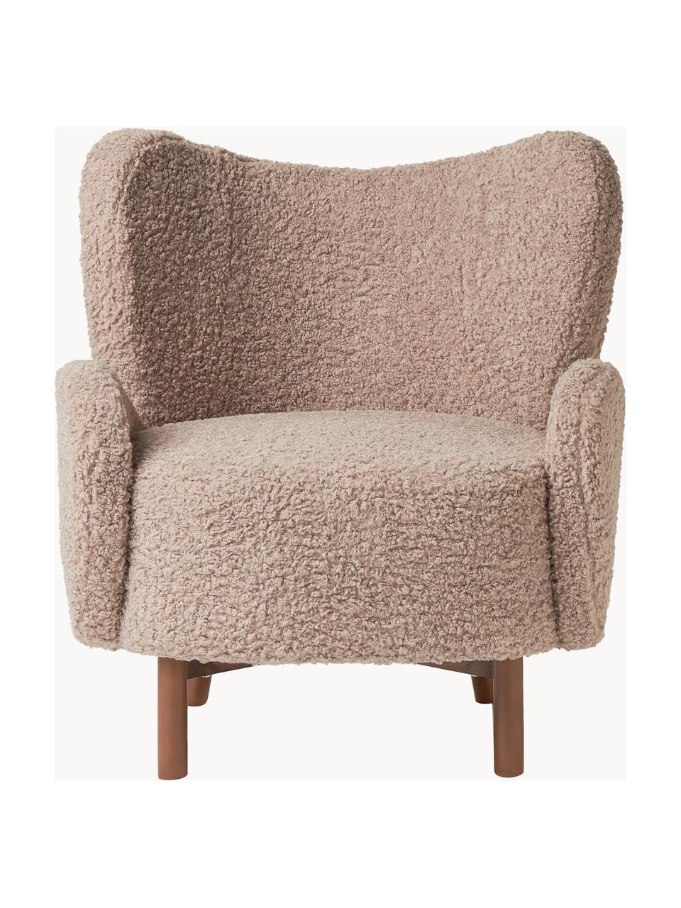 Fauteuil à oreilles Kalia, Tissu peluche taupe, bois de hêtre foncé, larg. 78 x prof. 80 cm