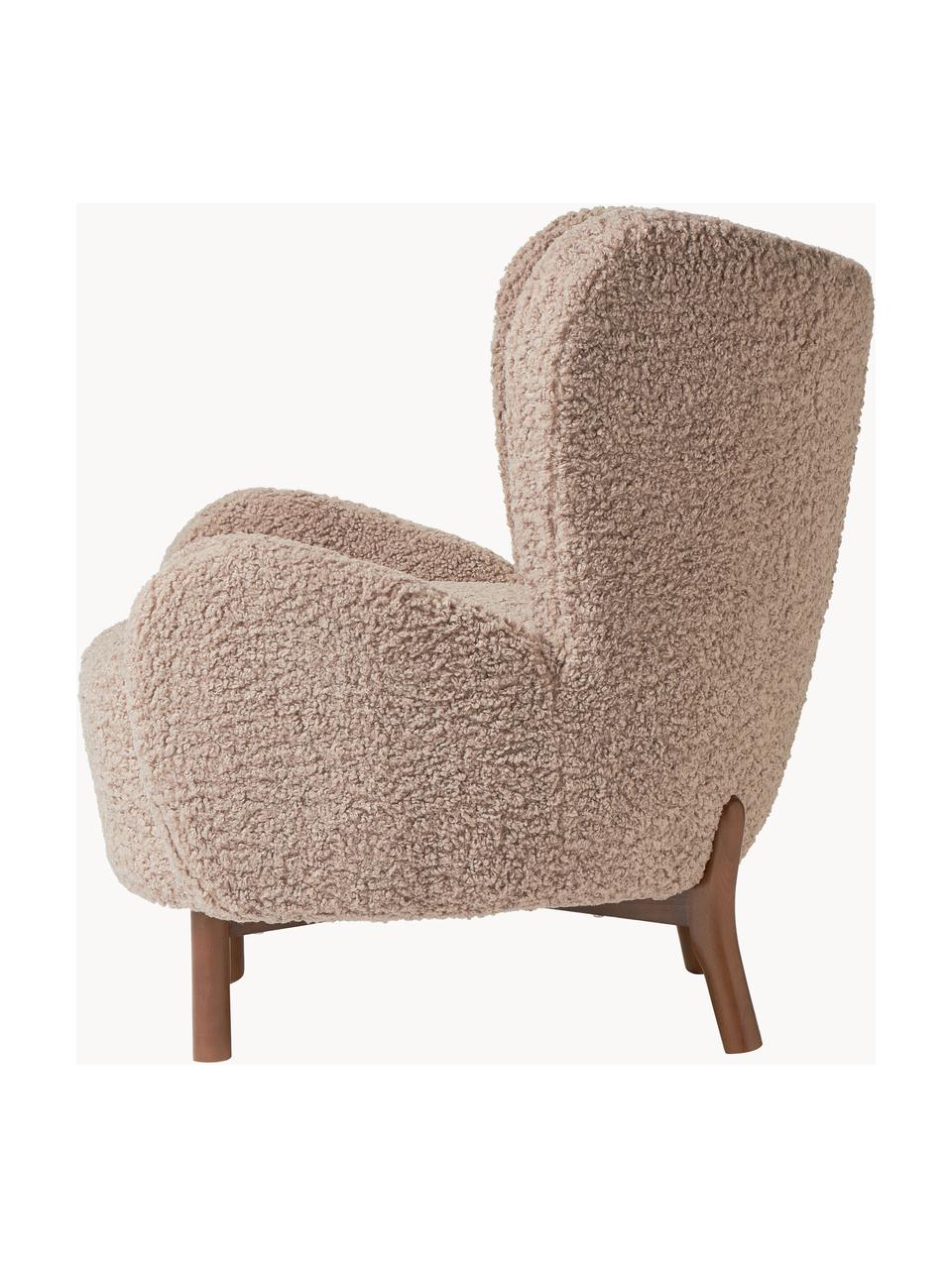 Fauteuil à oreilles Kalia, Tissu peluche taupe, bois de hêtre foncé, larg. 78 x prof. 80 cm