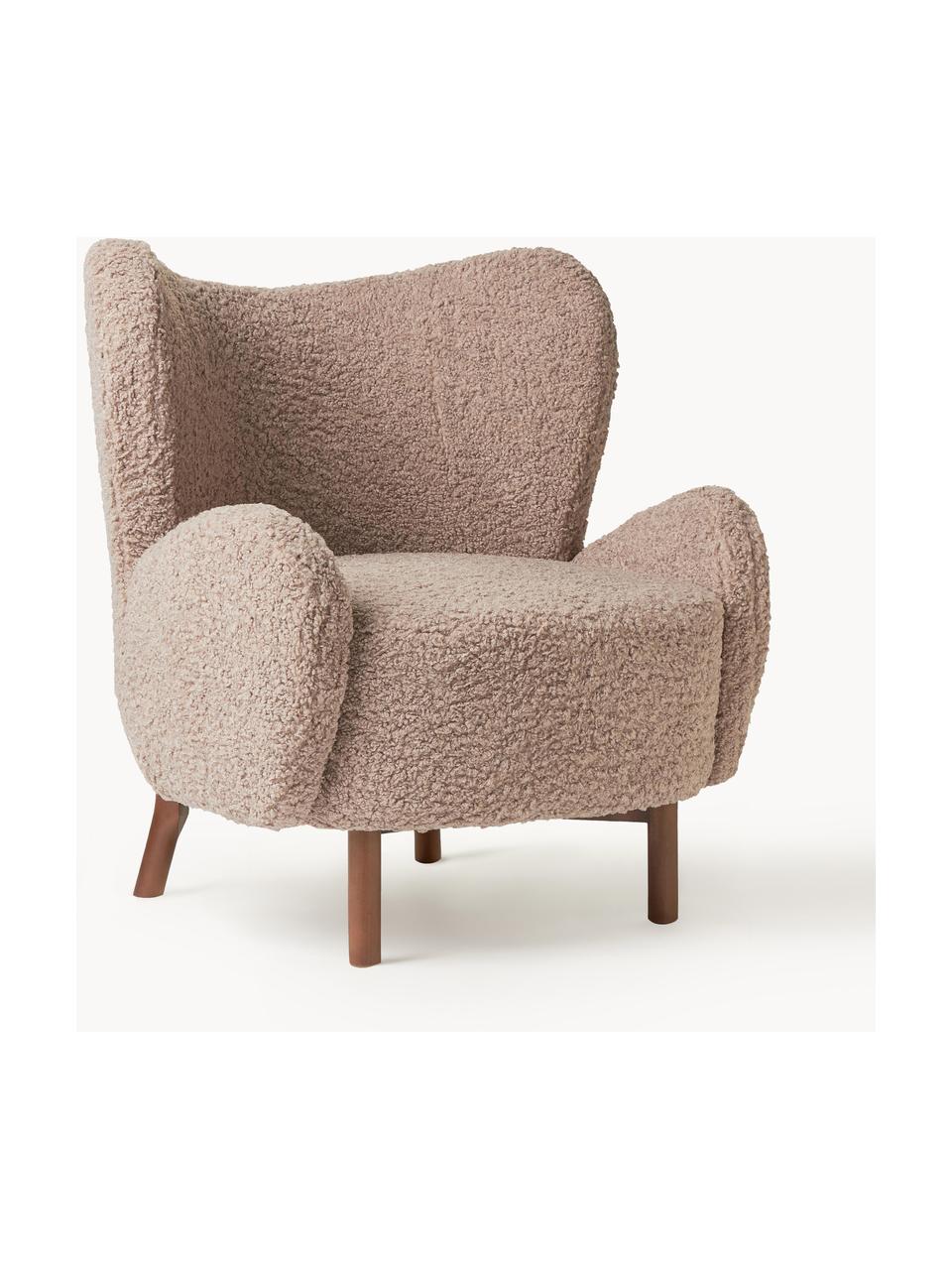 Fauteuil à oreilles Kalia, Tissu peluche taupe, bois de hêtre foncé, larg. 78 x prof. 80 cm