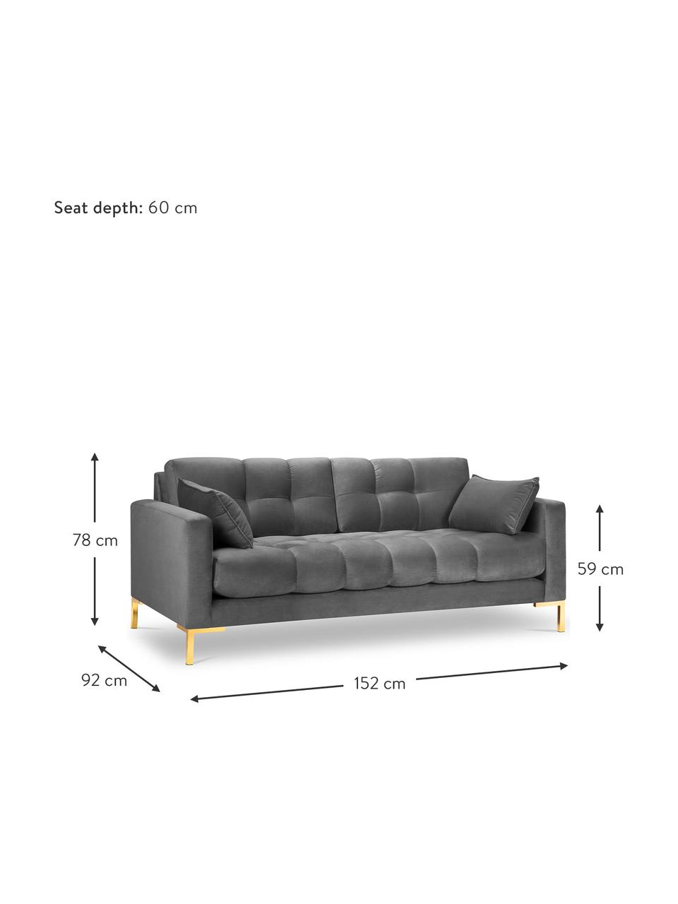 Divano 2 posti in velluto Mamaia, Rivestimento: 100% velluto di poliester, Struttura: legno di pino massiccio, , Piedini: metallo rivestito, Velluto grigio chiaro, ottonato, Larg. 152 x Prof. 92 cm