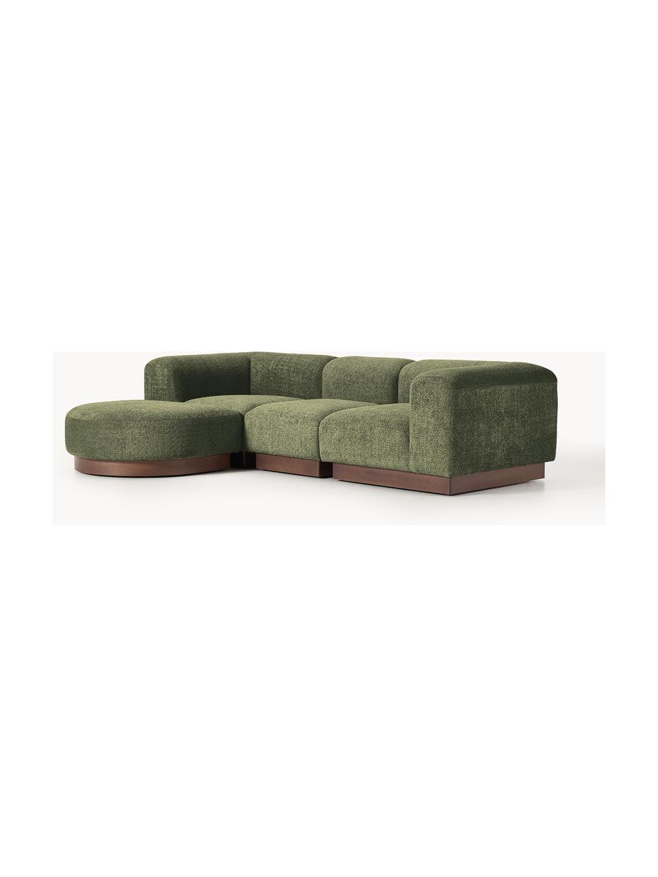 Modulares Sofa Natalie (3-Sitzer) aus Teddy-Bouclé mit Hocker, Bezug: Teddy-Bouclé (100 % Polye, Gestell: mitteldichte Holzfaserpla, Sockel: Massives Buchenholz, lack, Teddy-Bouclé Dunkelgrün, dunkles Buchenholz, B 283 x T 197 cm