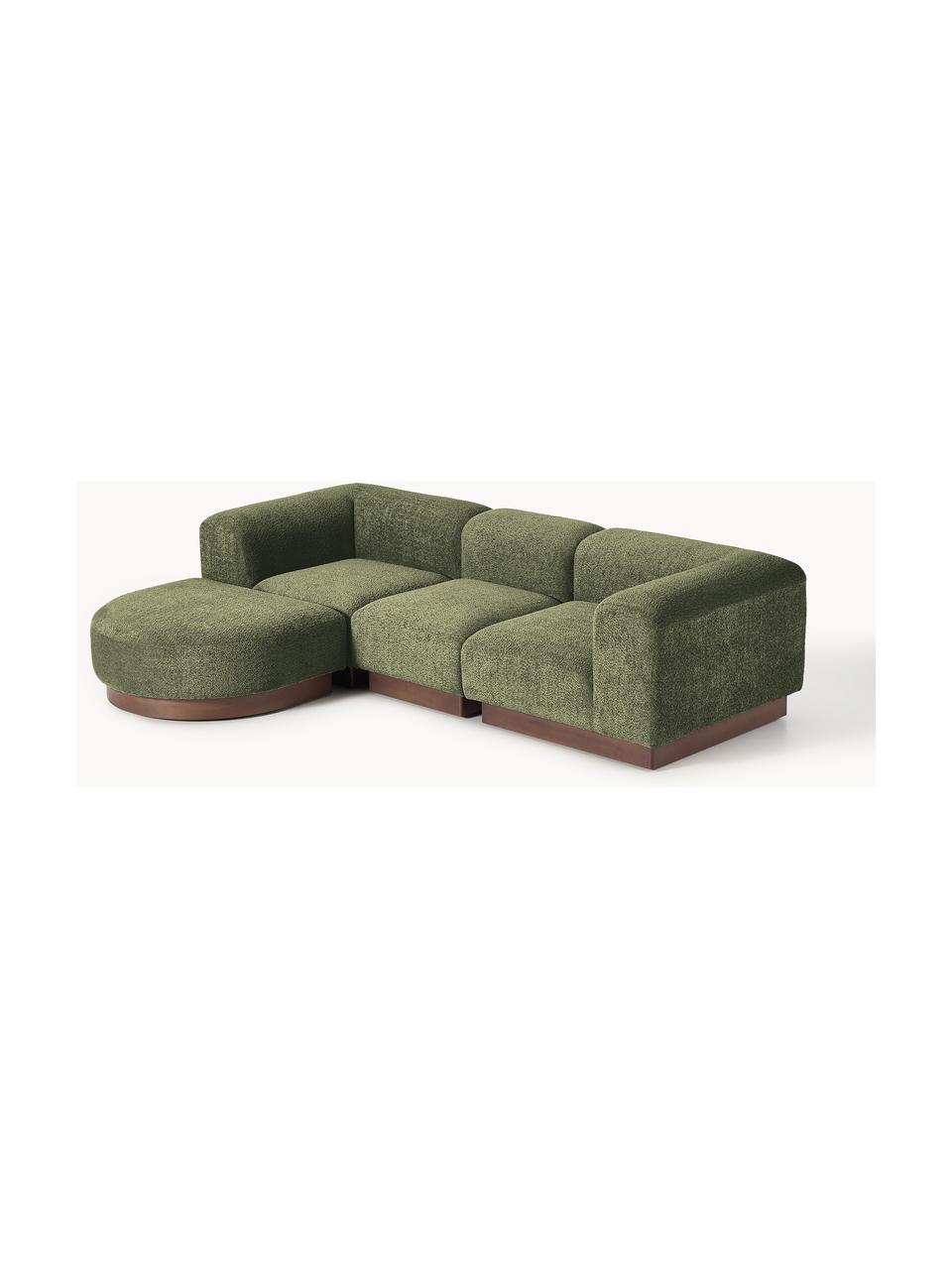 Modulares Sofa Natalie (3-Sitzer) aus Teddy-Bouclé mit Hocker, Bezug: Teddy-Bouclé (100 % Polye, Gestell: mitteldichte Holzfaserpla, Sockel: Massives Buchenholz, lack, Teddy-Bouclé Dunkelgrün, dunkles Buchenholz, B 283 x T 197 cm