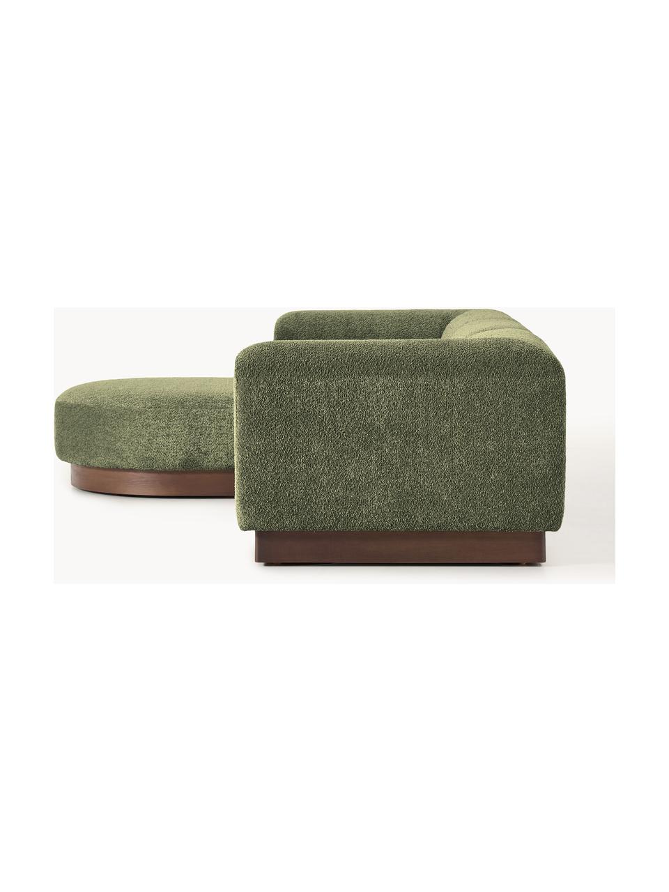 Modulares Sofa Natalie (3-Sitzer) aus Teddy-Bouclé mit Hocker, Bezug: Teddy-Bouclé (100 % Polye, Gestell: mitteldichte Holzfaserpla, Sockel: Massives Buchenholz, lack, Teddy-Bouclé Dunkelgrün, dunkles Buchenholz, B 283 x T 197 cm