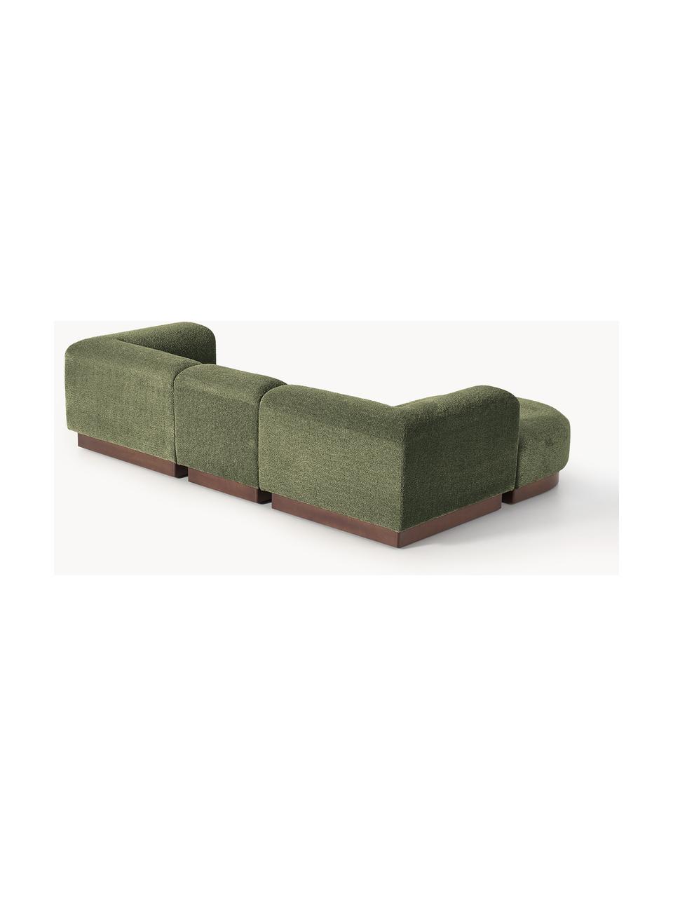 Modulares Sofa Natalie (3-Sitzer) aus Teddy-Bouclé mit Hocker, Bezug: Teddy-Bouclé (100 % Polye, Gestell: mitteldichte Holzfaserpla, Sockel: Massives Buchenholz, lack, Teddy-Bouclé Dunkelgrün, dunkles Buchenholz, B 283 x T 197 cm