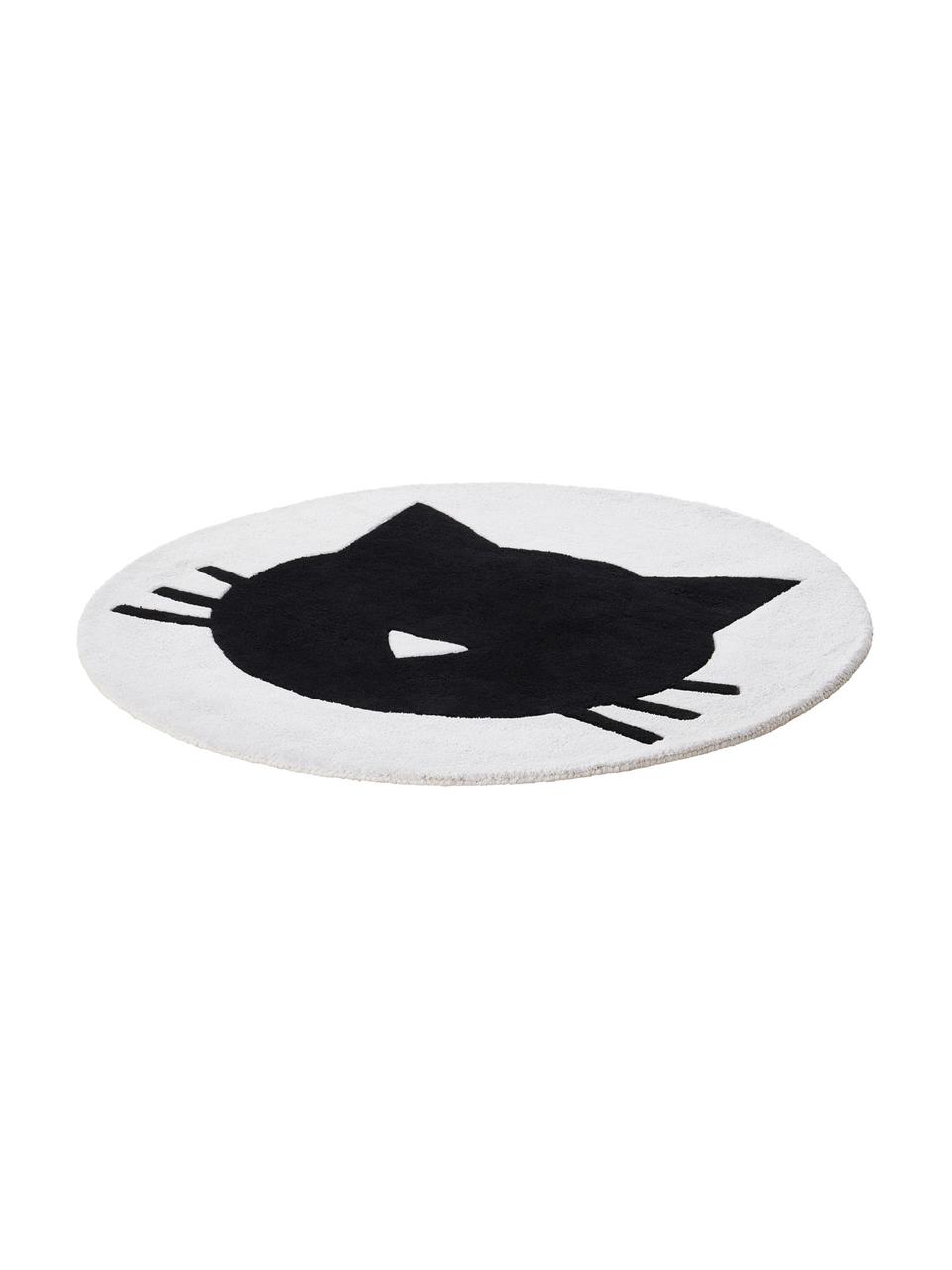 Tapis enfant rond motif chat El Gato, 100 % coton, 1200 g/m², Blanc, Ø 120 cm (taille S)
