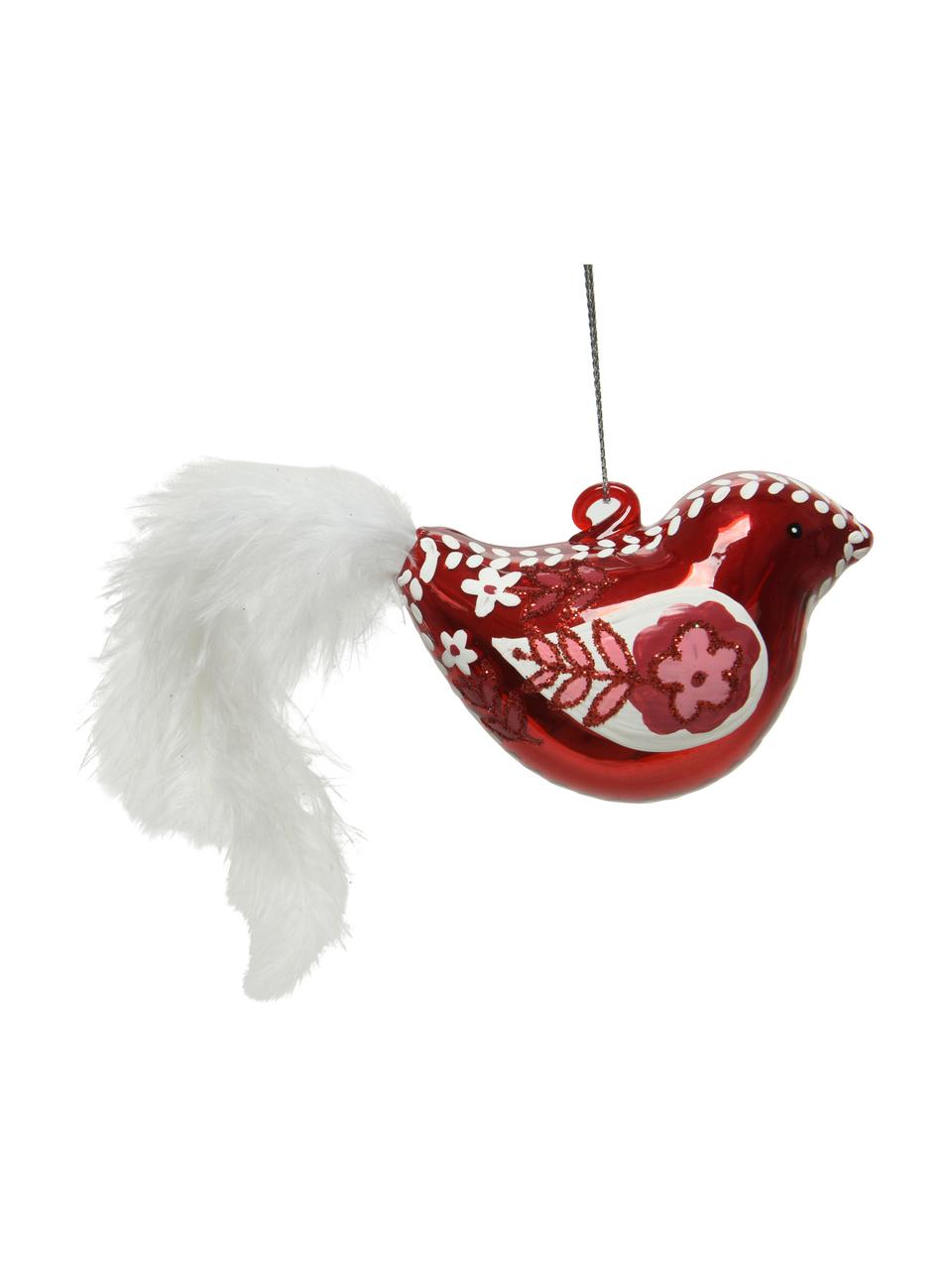 Adornos navideños Flora, 2 uds., Figura: vidrio, plumas, Rojo, blanco, An 8 x Al 5 cm