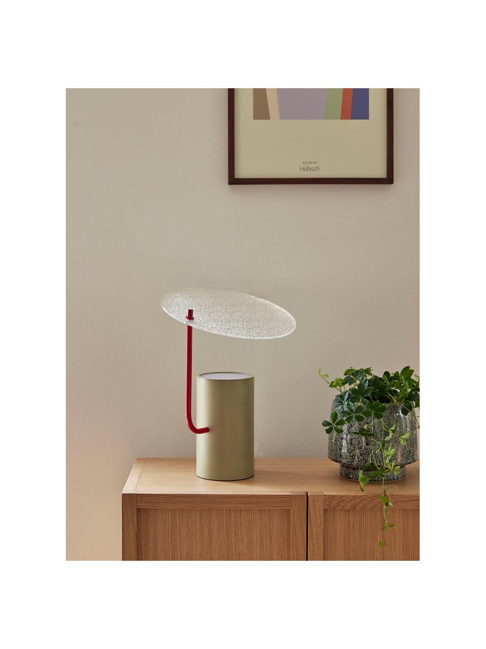 Kleine Tischlampe Disc mit Glasschirm, Lampenschirm: Glas, Lampenfuß: Metall, beschichtet, Khaki, Transparent, Ø 24 x H 35 cm