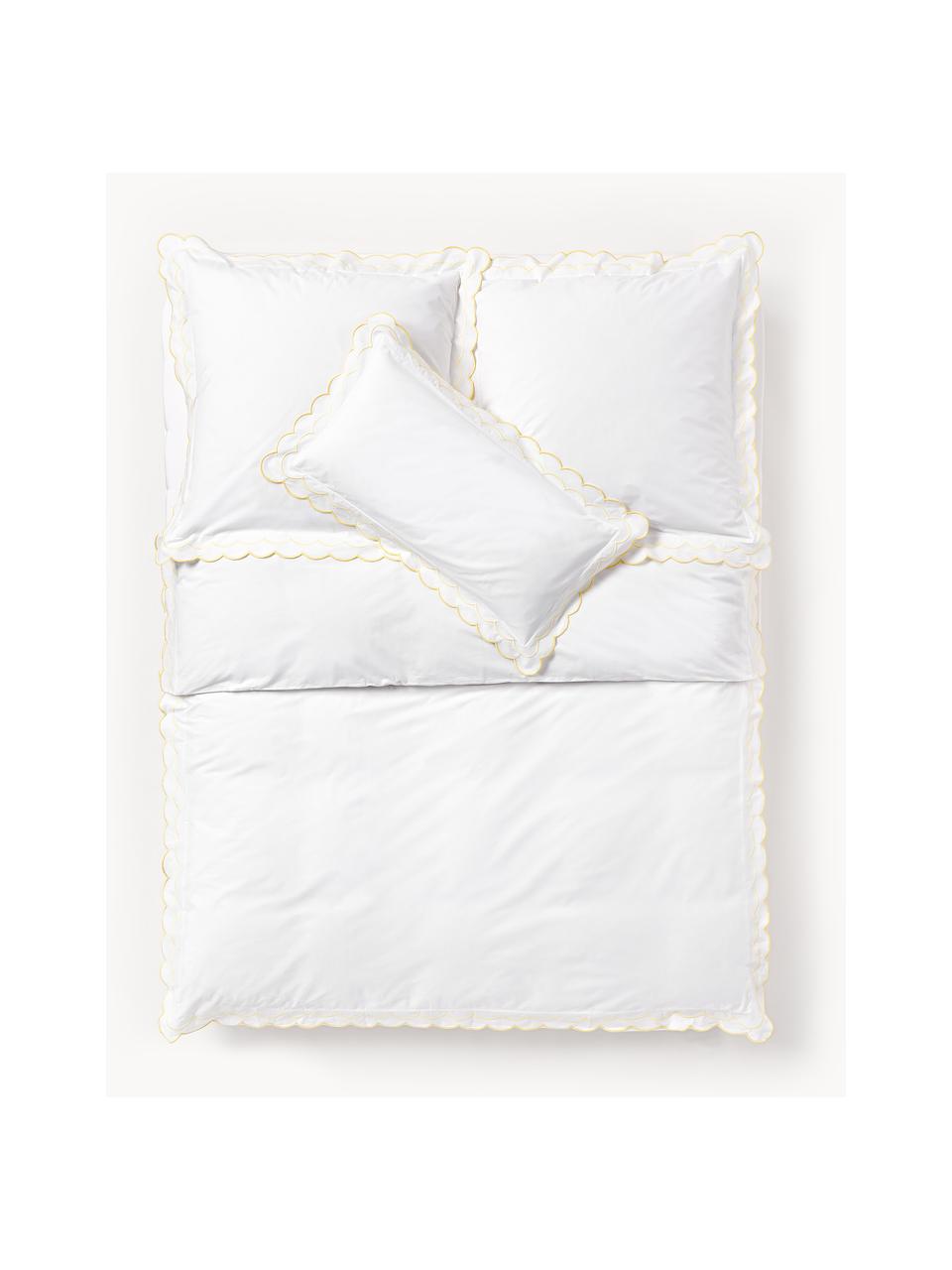 Housse de couette en coton avec volants et ourlet brodé Atina, Jaune, blanc, larg. 200 x long. 200 cm