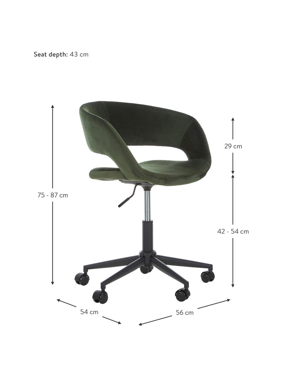 Sedia girevole in velluto Grace, regolabile in altezza, Rivestimento: velluto di poliestere 25., Struttura: metallo verniciato a polv, Velluto verde bosco, Larg. 56 x Prof. 54 cm