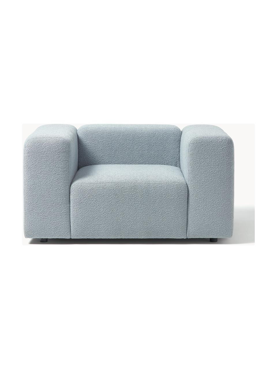 Bouclé fauteuil Lena, Bekleding: bouclé (93% polyester, 6%, Frame: grenenhout, multiplex, ha, Poten: kunststof, Bouclé lichtblauw, B 134 x D 106 cm