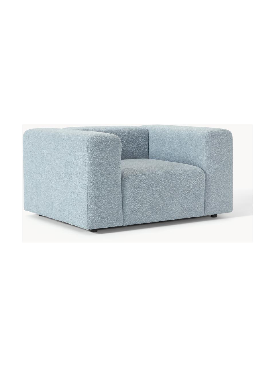 Fotel bouclé Lena, Tapicerka: bouclé (93% poliester, 6%, Stelaż: drewno sosnowe, sklejka, , Nogi: tworzywo sztuczne, Jasnoniebieski bouclé, S 134 x G 106 cm
