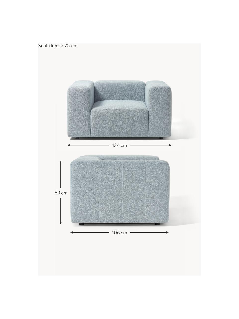 Fotel bouclé Lena, Tapicerka: bouclé (93% poliester, 6%, Stelaż: drewno sosnowe, sklejka, , Nogi: tworzywo sztuczne, Jasnoniebieski bouclé, S 134 x G 106 cm
