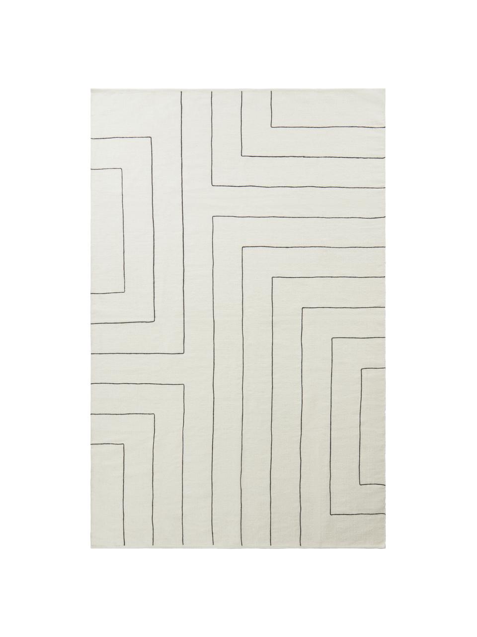 Tapis en laine tissé à la main Neru, Blanc naturel, noir