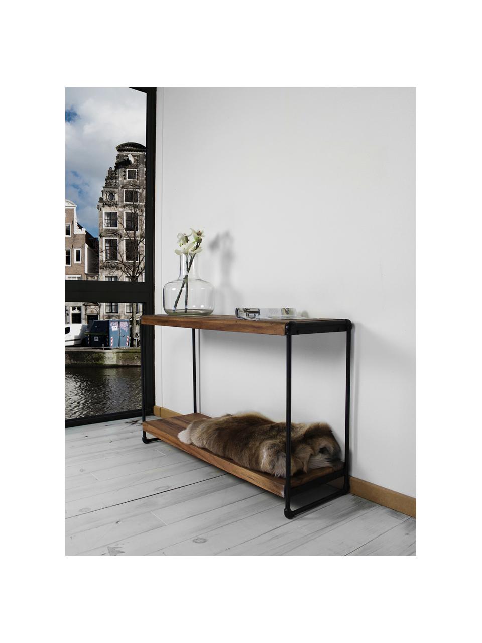 Wandtafel Iron in industrieel design, Plank: natuurlijk teakhout, Frame: gepoedercoat metaal met b, Teakhout, zwart, 125 x 80 cm