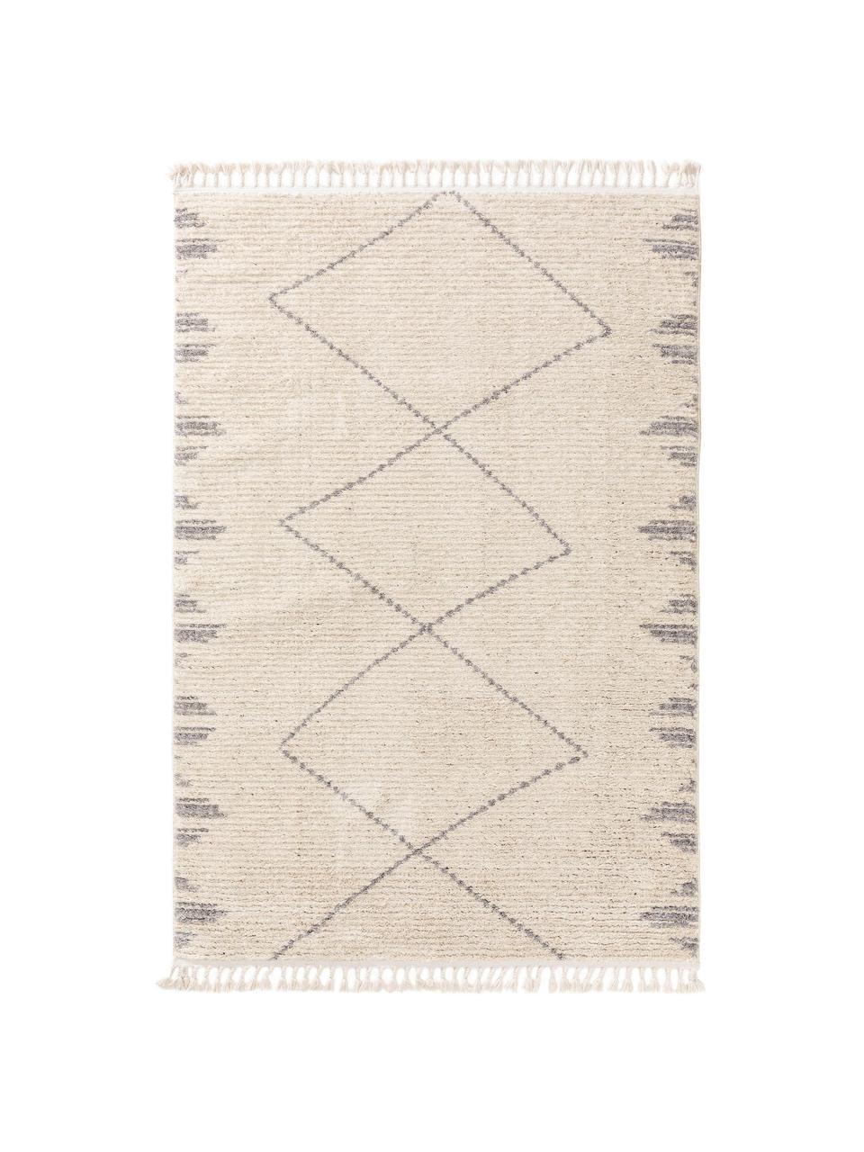 Alfombra de pelo largo con flecos Bosse, estilo boho, 100% poliéster, Beige claro, gris, An 160 x L 230 cm (Tamaño M)