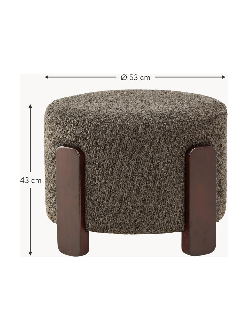 Bouclé poef Coffey met houten poten, Bekleding: bouclé (100% polyester), Poten: rubberhout, Bouclé olijfgroen, rubberhout donkerbruin gelakt, Ø 53 x H 40 cm