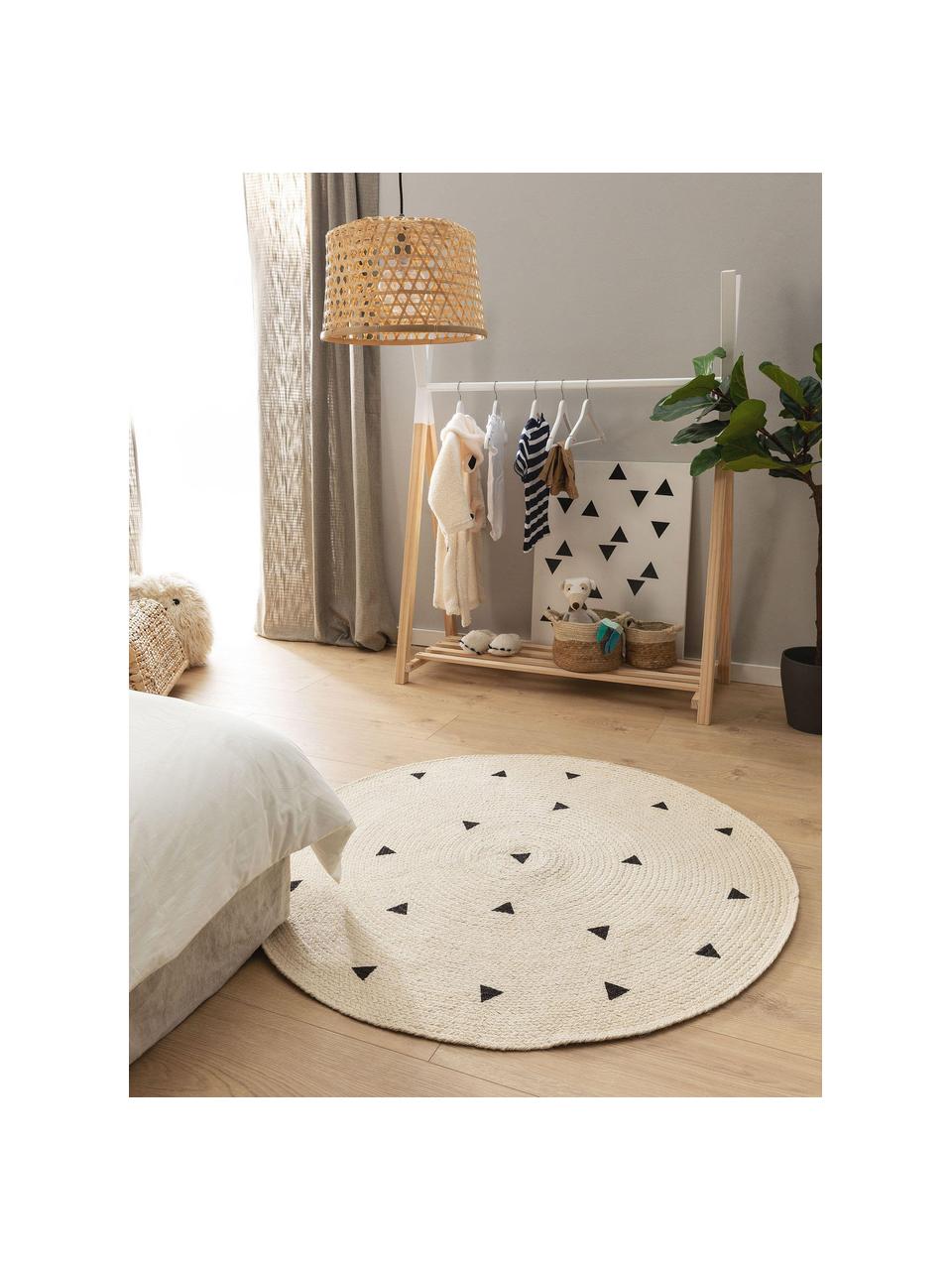 Handgeweven rond kindervloerkleed Pippa van jute, 100% jute, Crèmewit, zwart, Ø 120 cm (maat S)