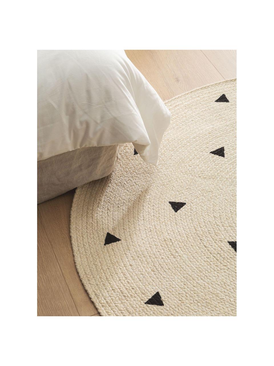 Ručne tkaný okrúhly detský koberec z juty Pippa, 100 % juta, Krémovobiela, čierna, Ø 120 cm (veľkosť S)