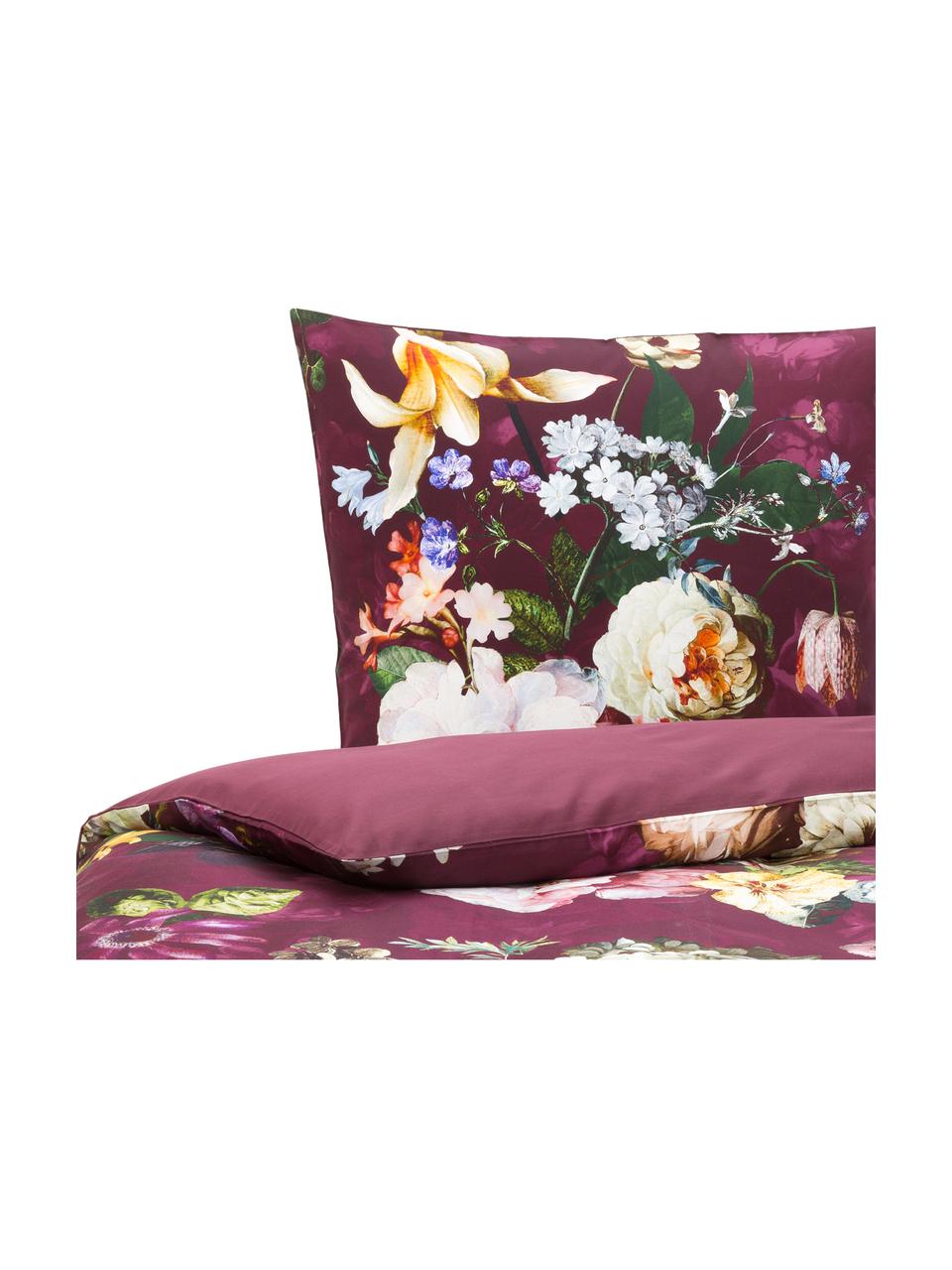 Katoenen dekbedovertrek Fleur, Bordeauxrood, 140 x 200 cm + 1 kussenhoes 60 x 70 cm