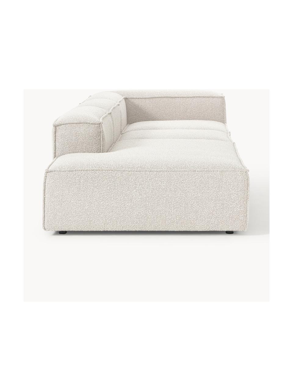 Chaise loungue componibile XL in bouclé Lennon, Rivestimento: bouclé (100% poliestere) , Struttura: legno di pino massiccio, , Piedini: plastica Questo prodotto , Bouclè bianco latte, Larg. 357 x Prof. 119 cm, schienale a sinistra