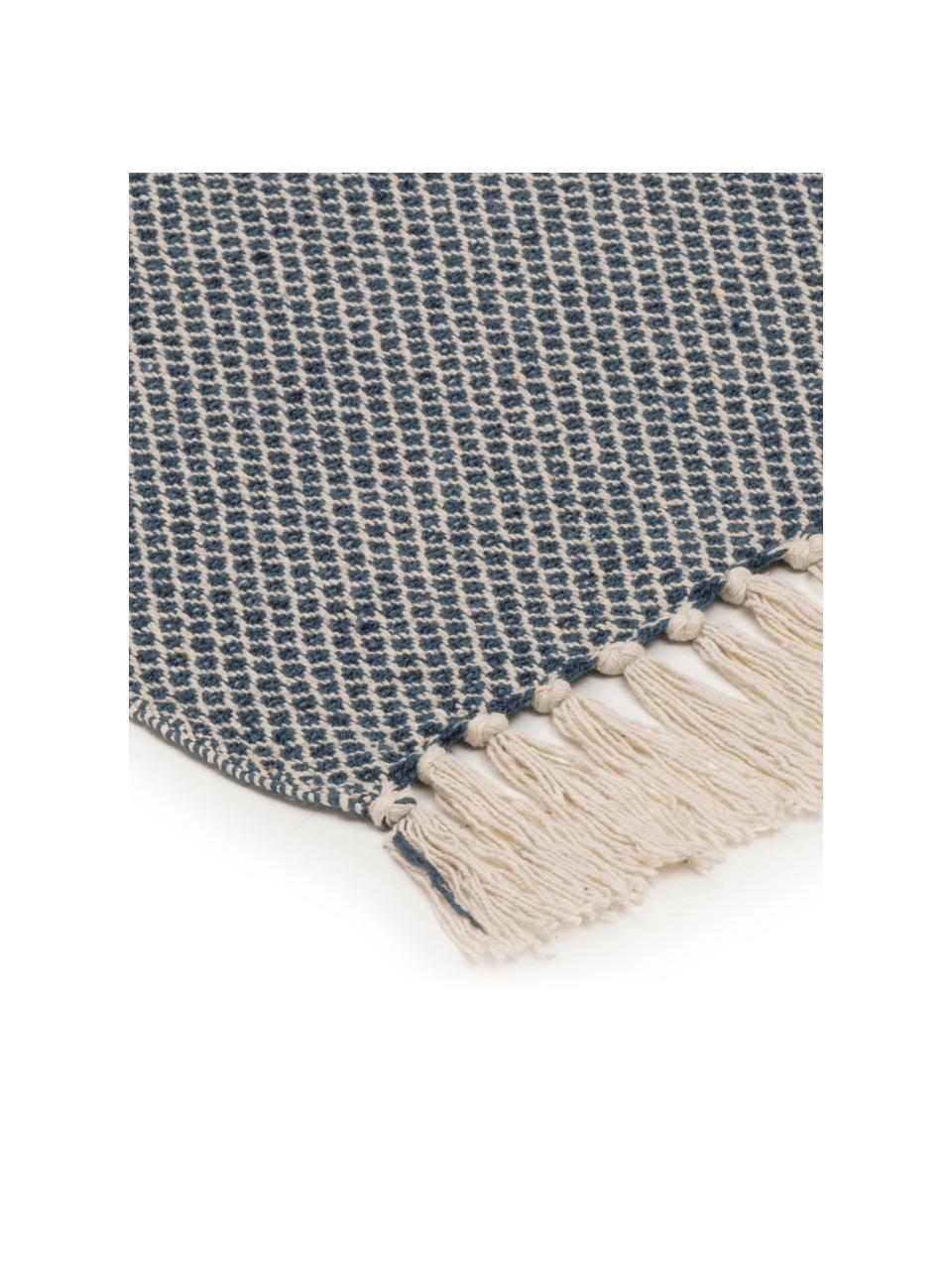 Fijn plaid Thea met franjes patroon, 58% katoen, 22% polyester, 
12% acryl, 4% Rayon, 4% nylon, Donker marineblauw, lichtbeige, B 140 x L 170 cm