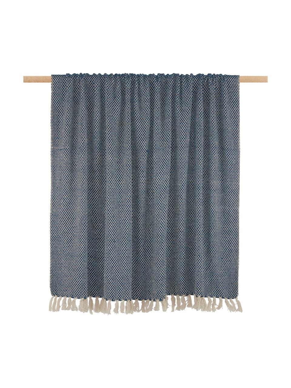 Fijn plaid Thea met franjes patroon, 58% katoen, 22% polyester, 
12% acryl, 4% Rayon, 4% nylon, Donker marineblauw, lichtbeige, B 140 x L 170 cm