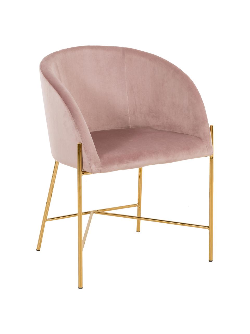 Sedia con braccioli in velluto Nelson, Rivestimento: velluto di poliestere Con, Gambe: metallo ottone placcato, Rosa cipria, Larg. 56 x Prof. 55 cm