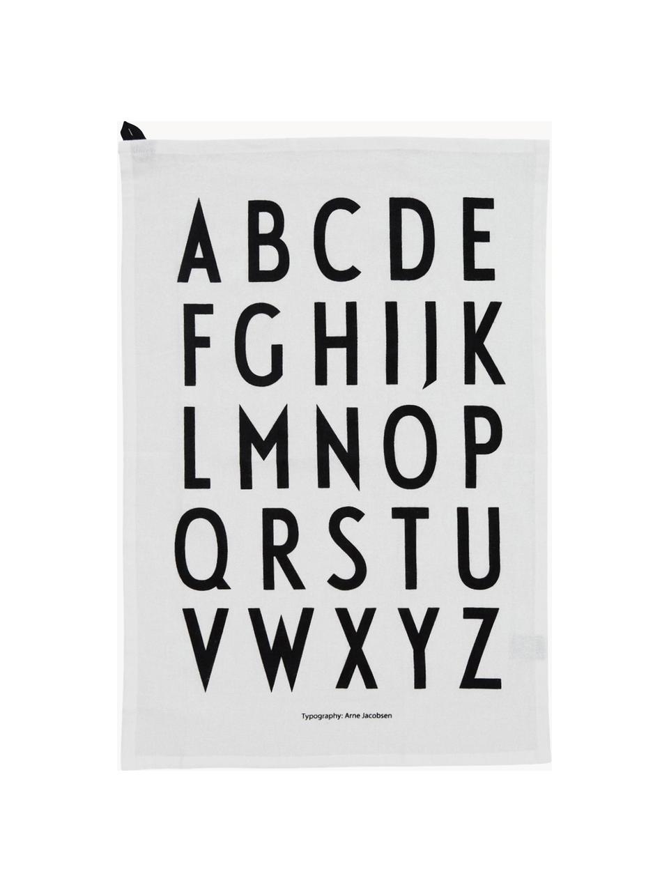 Katoenen theedoeken Classic met design letters, 2 stuks, Katoen, Wit, zwart, B 40 x L 60 cm