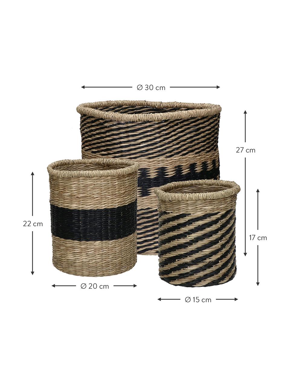 Set de cestas de seegras Sumbawa, 3 pzas., Algas marinas, Negro, beige, Set de diferentes tamaños