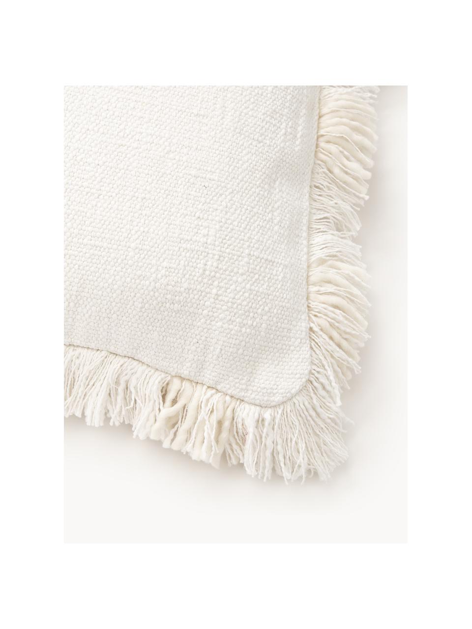 Housse de coussin 45x45 à carreaux avec franges Kaspar, 59 % laine, 41 % coton, Blanc crème, larg. 45 x long. 45 cm