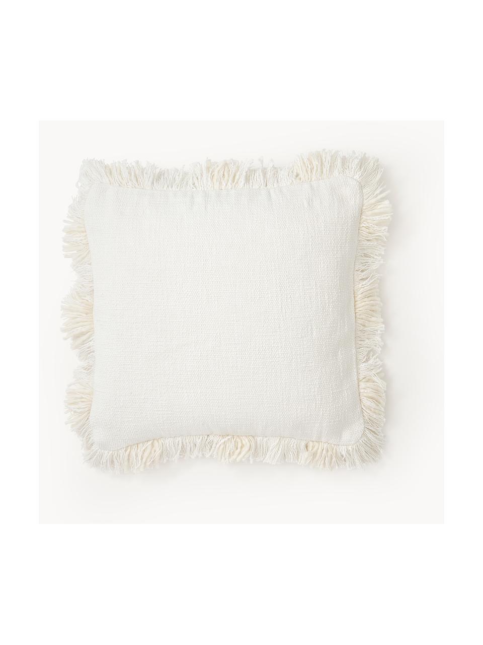Copricuscino a quadri con frange Kaspar, 59% cotone, 41% poliestere, Crema, Larg. 45 x Lung. 45 cm