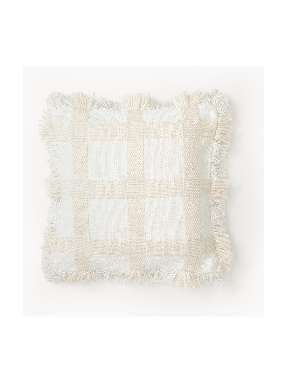 Housse de coussin 45x45 à carreaux avec franges Kaspar, 59 % laine, 41 % coton, Blanc crème, larg. 45 x long. 45 cm