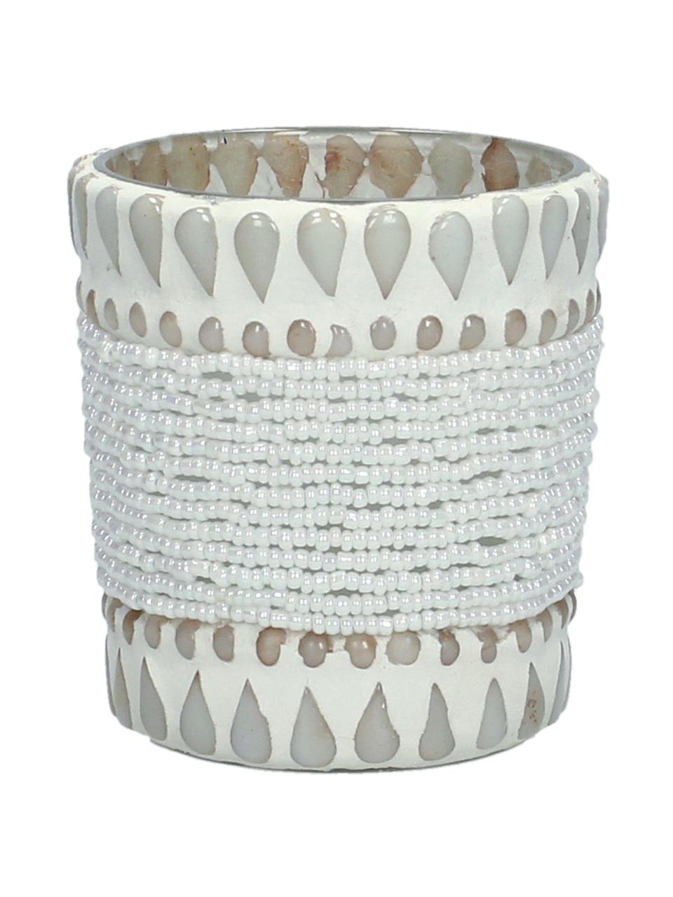 Teelichthalter Ive, Glas, beklebt mit Perlen und Steinen, Beige, Ø 7 x H 8 cm
