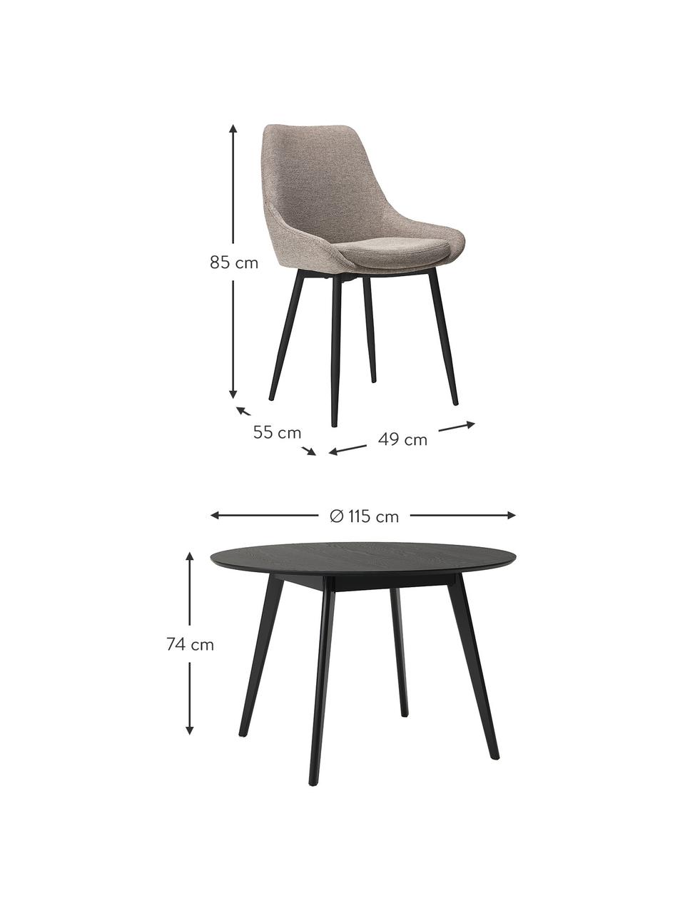 Set tavolo con sedie in tessuto Yumi 5 pz, Gambe: legno di albero della gom, Rivestimento: 100% poliestere, Rivestimento: schiuma, Gambe: metallo verniciato a polv, Legno, nero verniciato, tessuto beige, Set in varie misure