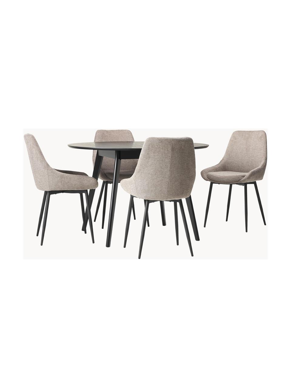 Eettafel Yumi met gestoffeerde stoelen, 5-delig, Tafelblad: MDF met essenhoutfineer, , Poten: massief rubberhout en gel, Bekleding: 100% polyester, Poten: gepoedercoat metaal, Hout, zwart gelakt, geweven stof beige, Set met verschillende formaten