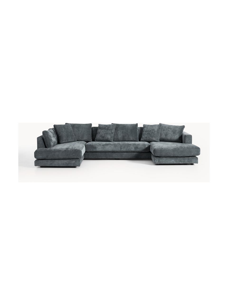 Narożna sofa modułowa Tribeca, Tapicerka: 100% poliester Dzięki tka, Stelaż: drewno bukowe, drewno sos, Nogi: drewno sosnowe Ten produk, Szaroniebieska tkanina, S 356 x G 192 cm, lewostronna