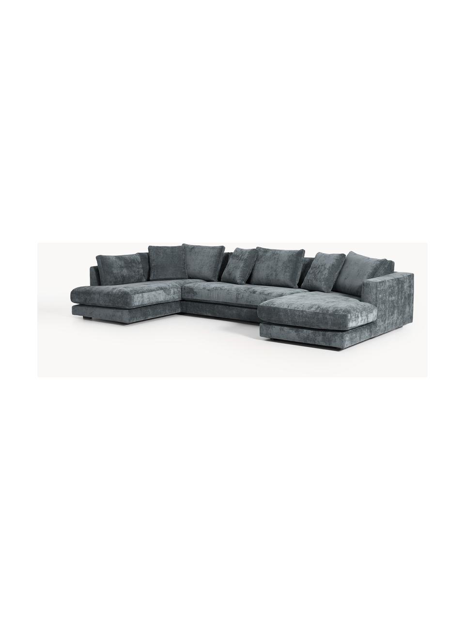 Narożna sofa modułowa Tribeca, Tapicerka: 100% poliester Dzięki tka, Stelaż: drewno bukowe, drewno sos, Nogi: drewno sosnowe Ten produk, Szaroniebieska tkanina, S 356 x G 192 cm, lewostronna