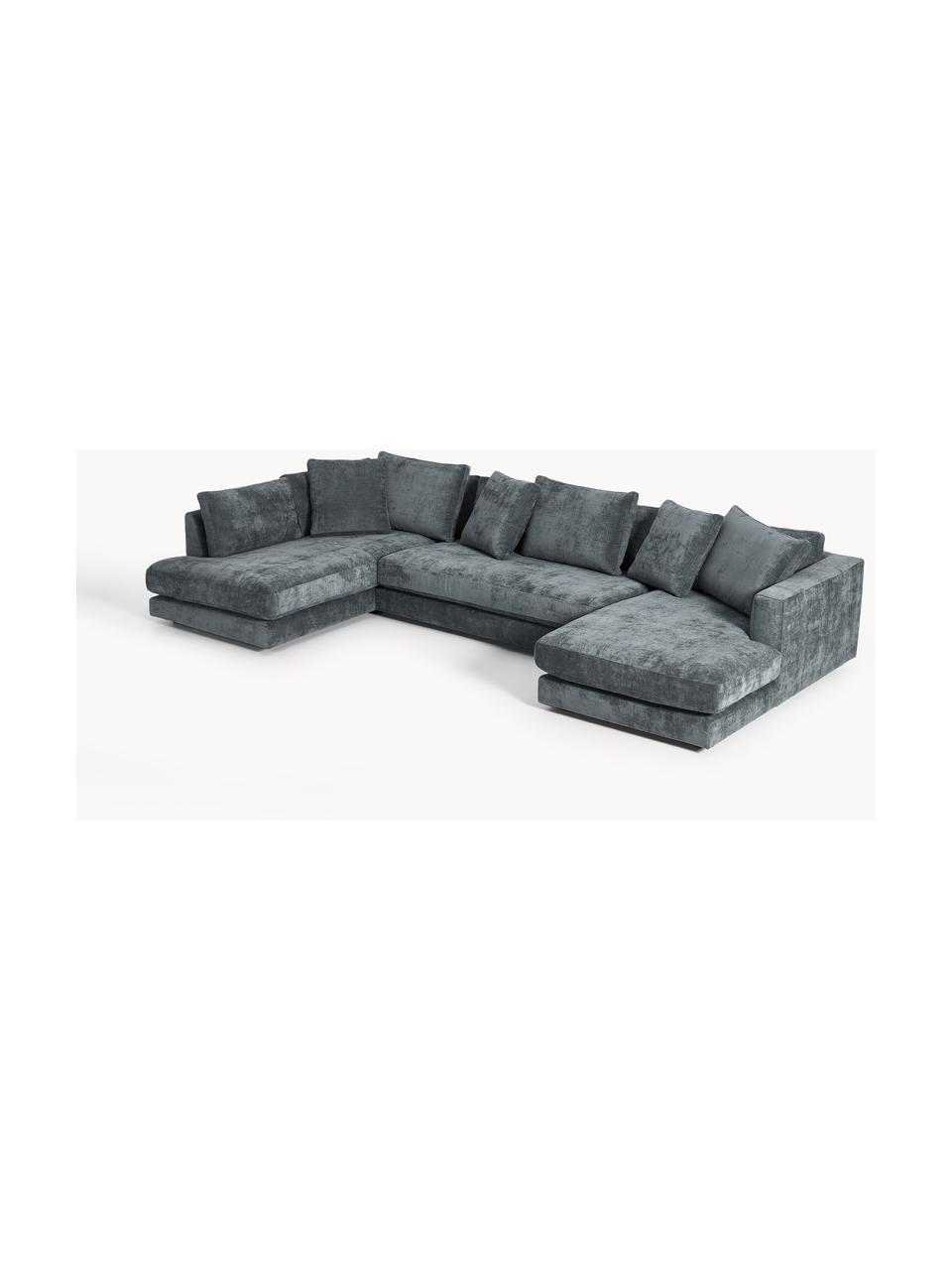 Narożna sofa modułowa Tribeca, Tapicerka: 100% poliester Dzięki tka, Stelaż: drewno bukowe, drewno sos, Nogi: drewno sosnowe Ten produk, Szaroniebieska tkanina, S 356 x G 192 cm, lewostronna