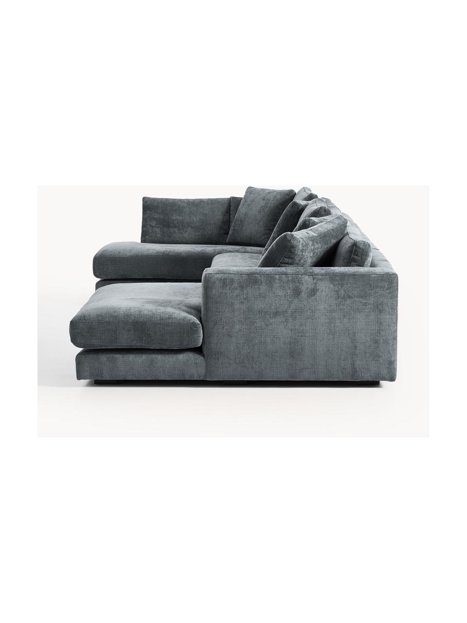 Narożna sofa modułowa Tribeca, Tapicerka: 100% poliester Dzięki tka, Stelaż: drewno bukowe, drewno sos, Nogi: drewno sosnowe Ten produk, Szaroniebieska tkanina, S 356 x G 192 cm, lewostronna