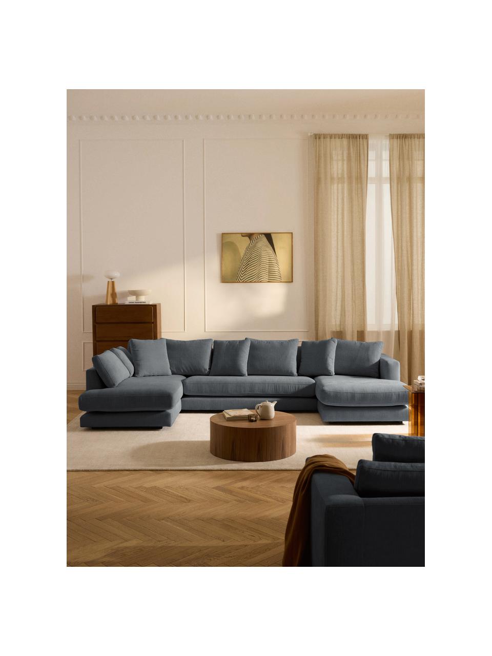 Narożna sofa modułowa Tribeca, Tapicerka: 100% poliester Dzięki tka, Stelaż: drewno bukowe, drewno sos, Nogi: drewno sosnowe Ten produk, Szaroniebieska tkanina, S 356 x G 192 cm, lewostronna