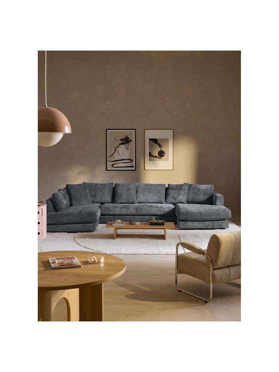 Narożna sofa modułowa Tribeca, Tapicerka: 100% poliester Dzięki tka, Stelaż: drewno bukowe, drewno sos, Nogi: drewno sosnowe Ten produk, Szaroniebieska tkanina, S 356 x G 192 cm, lewostronna