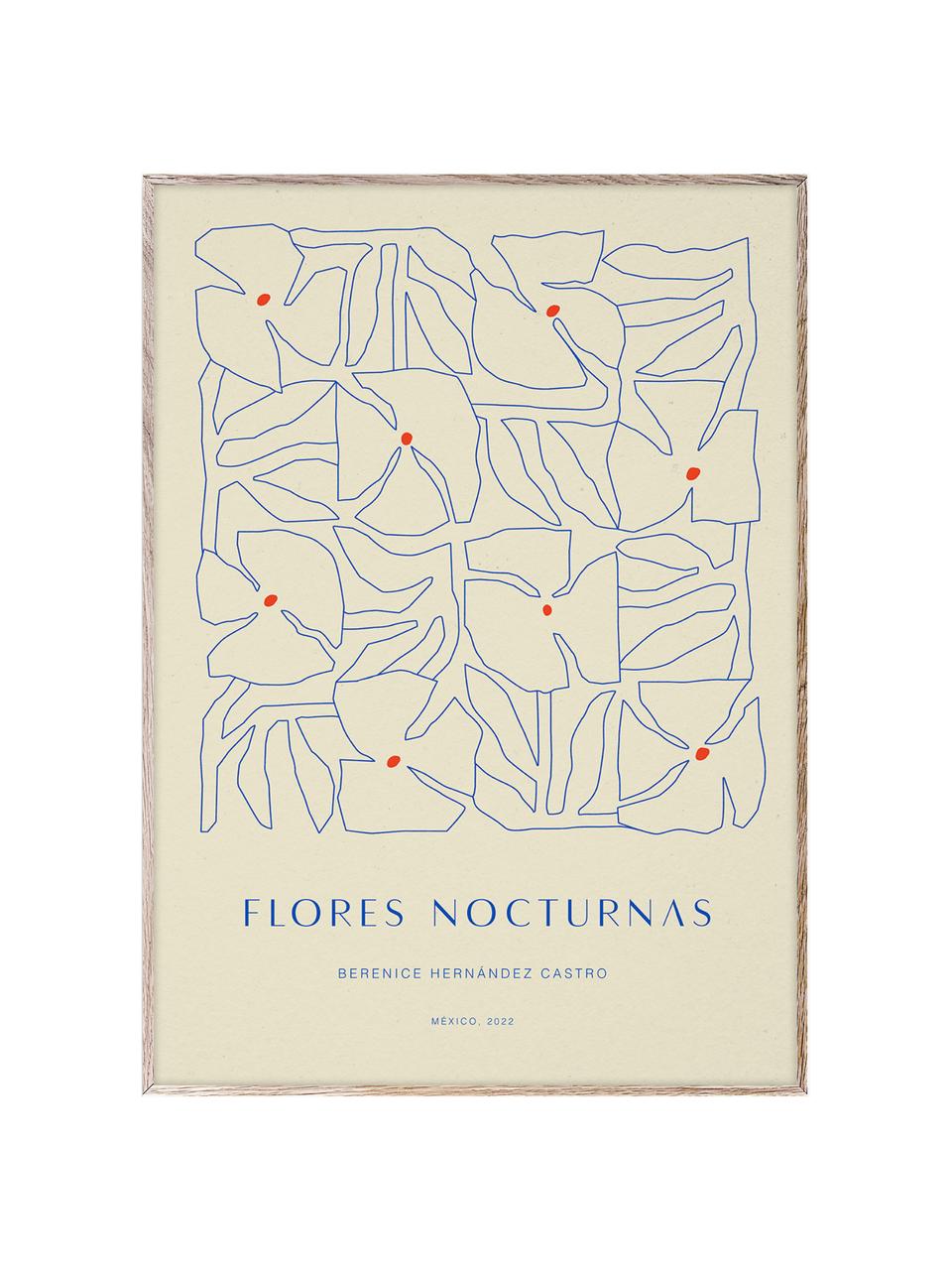 Póster Flores Nocturnas 01, Papel Hahnemühle mate de 210 g, impresión digital a 10 colores resistentes a los rayos UV, Beige, azul, An 30 x Al 40 cm