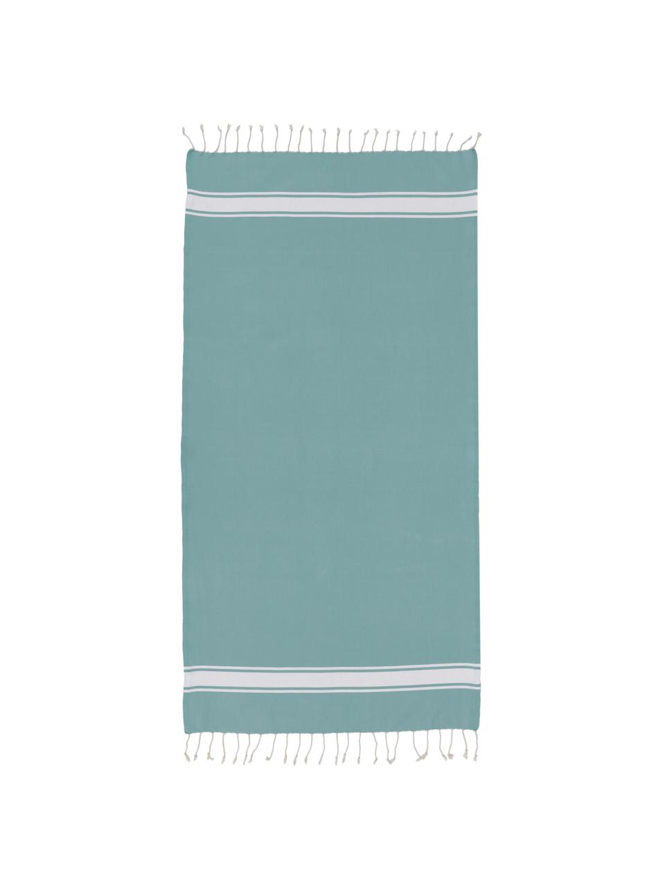 Fouta s proužky a třásněmi St Tropez, 100 % bavlna, Tyrkysová, bílá, Š 100 cm, D 200 cm