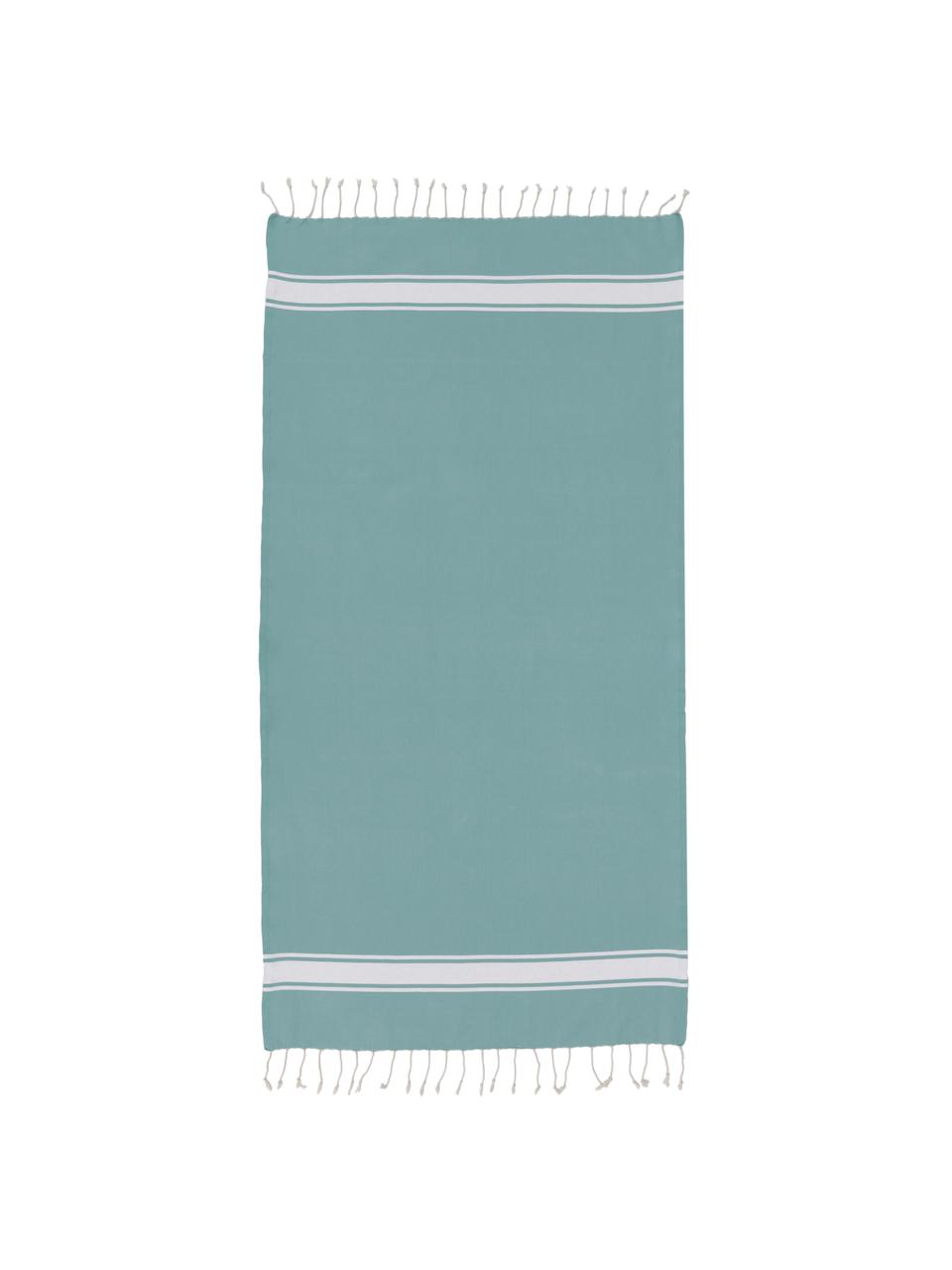 Ręcznik plażowy z frędzlami St Tropez, 100% bawełna, Turkusowy, biały, S 100 x D 200 cm