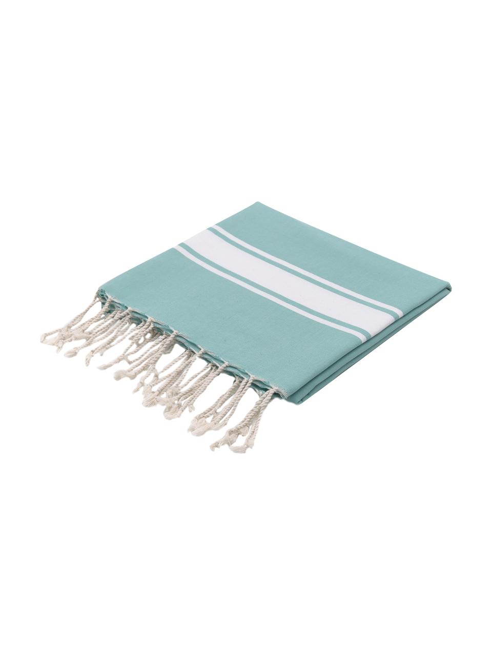 Fouta rayé à franges St Tropez, 100 % coton, Turquoise, blanc, larg. 100 x long. 200 cm