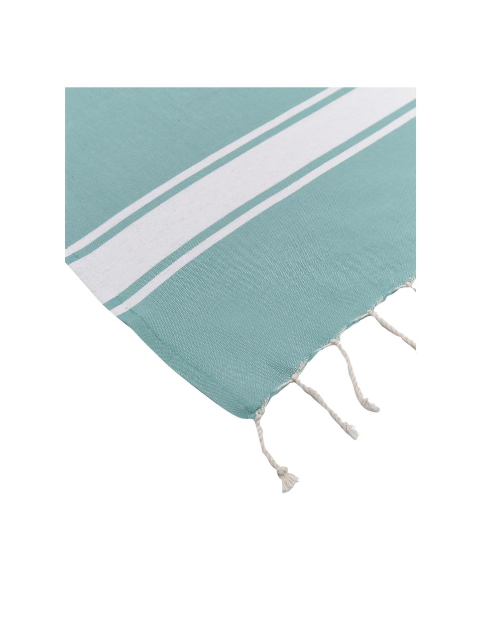 Fouta s proužky a třásněmi St Tropez, 100 % bavlna, Tyrkysová, bílá, Š 100 cm, D 200 cm