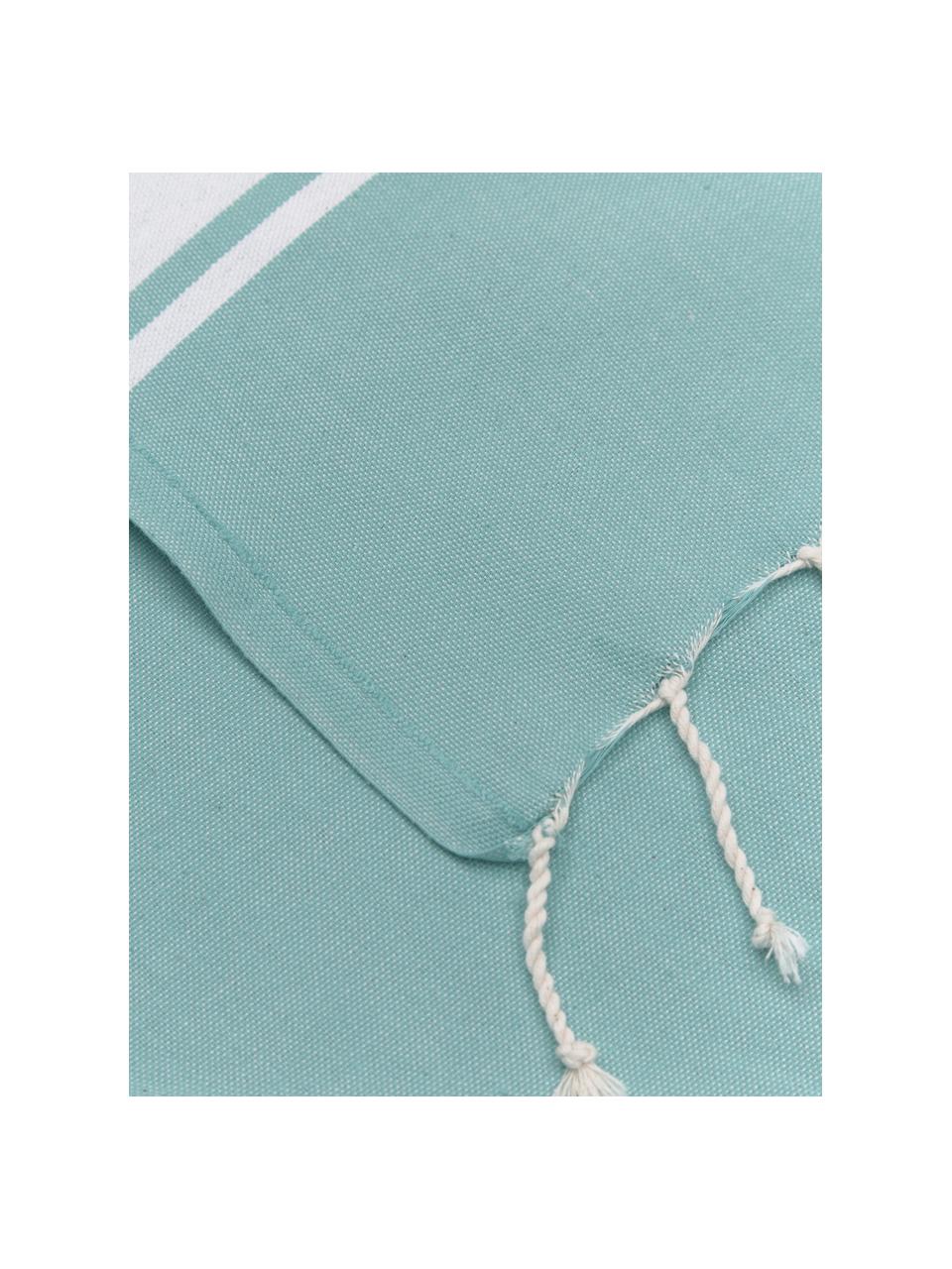 Fouta rayé à franges St Tropez, 100 % coton, Turquoise, blanc, larg. 100 x long. 200 cm