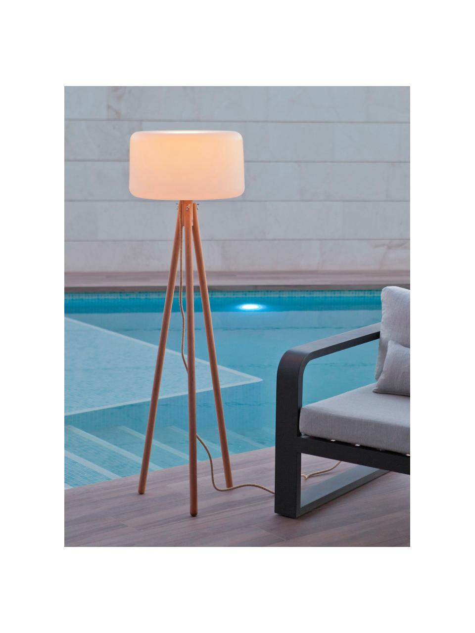 Lámpara trípode regulable LED para exterior Chloe, con enchufe, Pantalla: polietileno, Patas: madera de haya, Cable: cáñamo, Blanco, madera de haya, Ø 45 x Al 140 cm