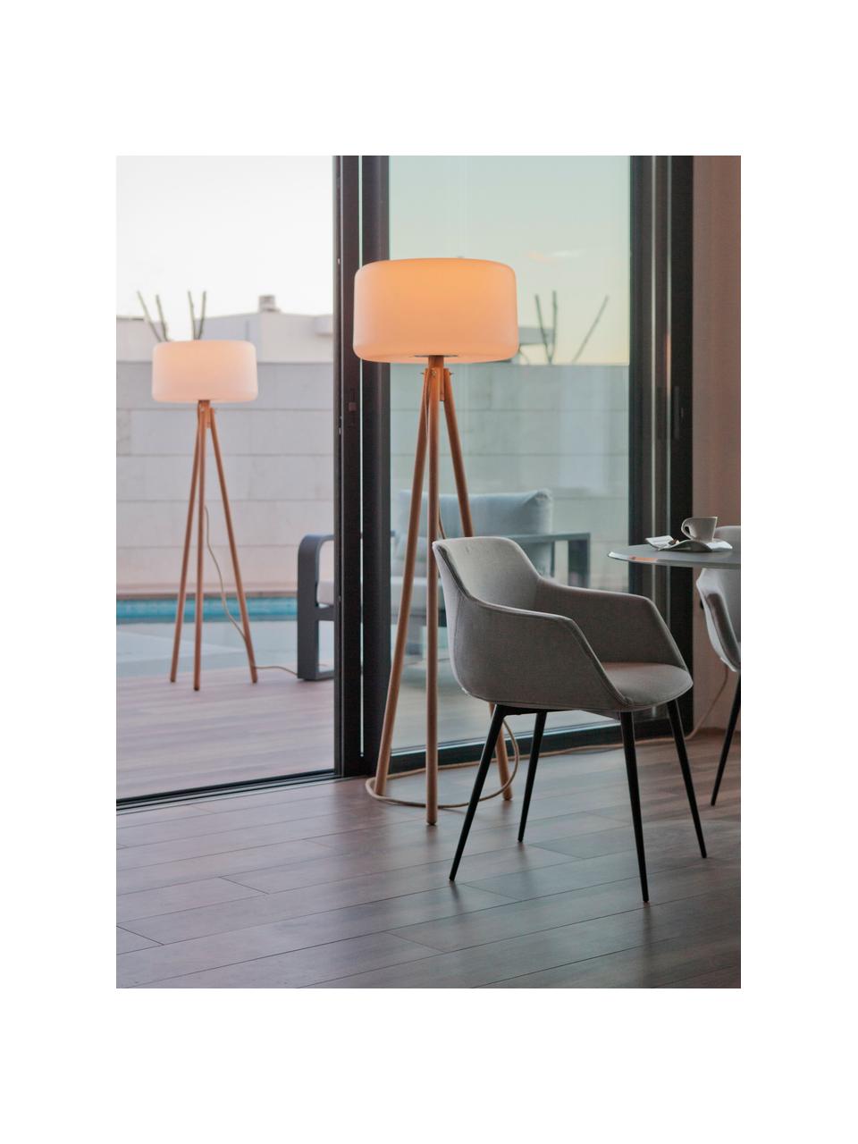 Lámpara trípode regulable LED para exterior Chloe, con enchufe, Pantalla: polietileno, Patas: madera de haya, Cable: cáñamo, Blanco, madera de haya, Ø 45 x Al 140 cm